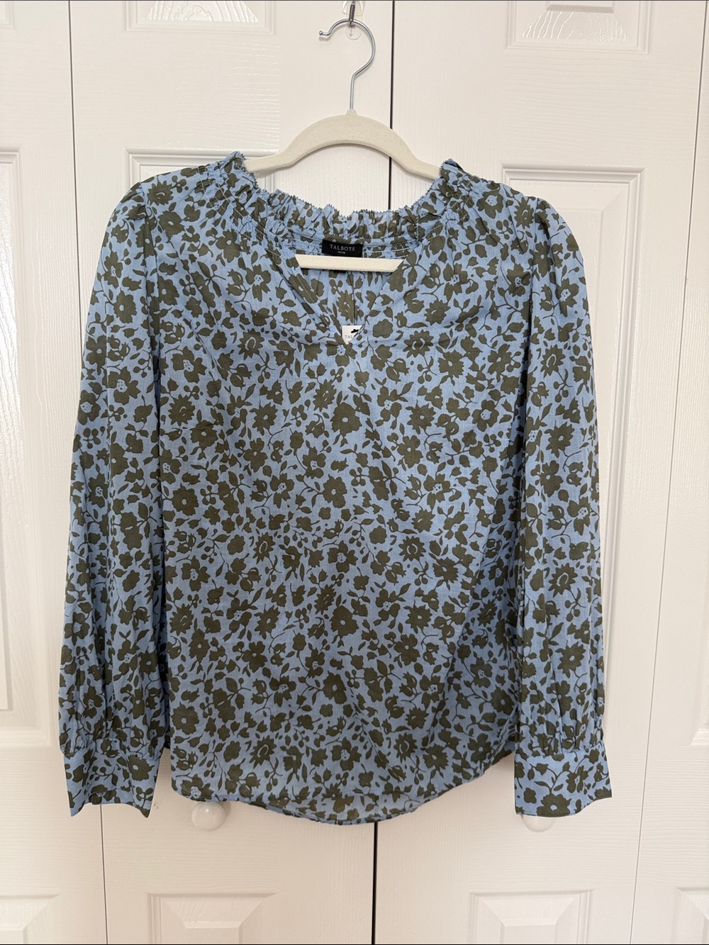 Talbots Blue and Olive Floral Long-Sleeve Blouse
